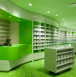 China Gabinete de exhibición de moda de la farmacia, farmacia al por menor verde que deja de lado la combinación multi proveedor